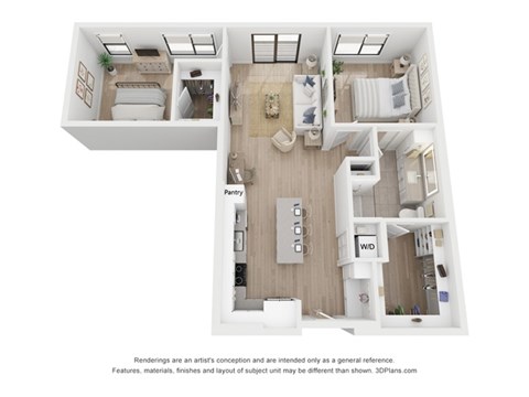 A 3D floor plan of a house with a kitchen, living room, and bathroom.